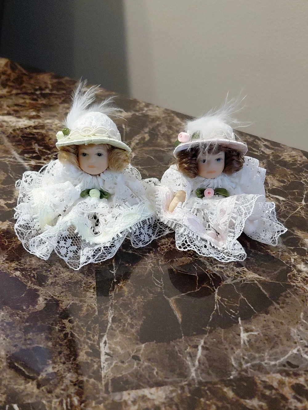 Lot of 2 Vintage Miniature Porcelain Victorian-style Doll Ornaments